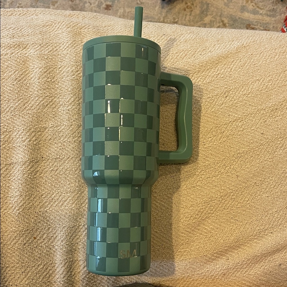 Simple Modern Green Checkered Tumbler with Handle 40 oz